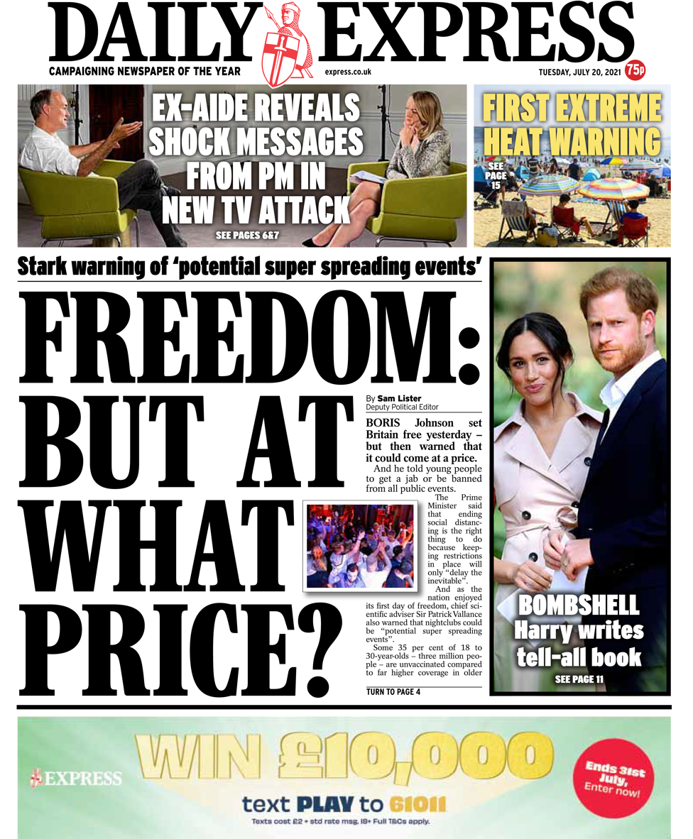 Daily Express front page 20/07/21