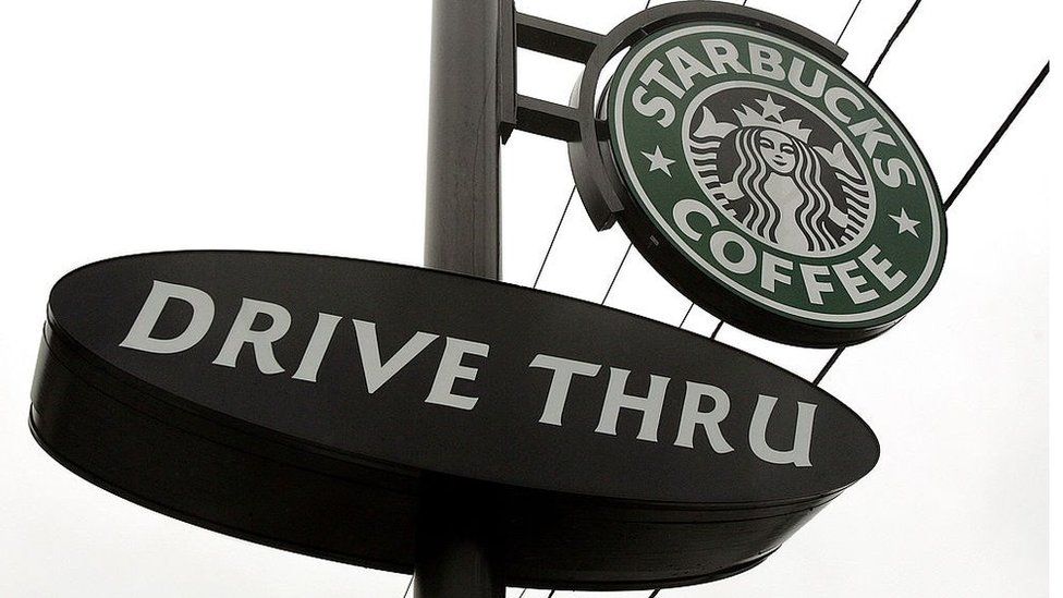 A Starbucks drive-through sign in Wheeling, Illinois. December 28, 2005