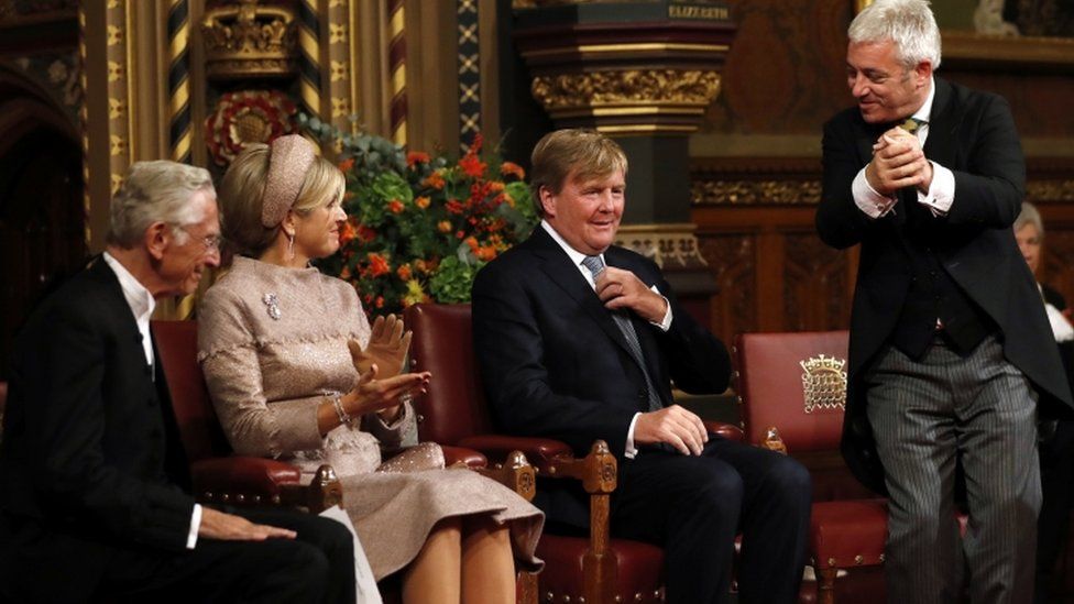 Mr Bercow with the current Dutch monarch, King Willem-Alexander, and his wife, Queen Maxima. King Willem-Alexander is descended from a cousin of William III, whose seizure of the English throne led to the Bill of Rights.