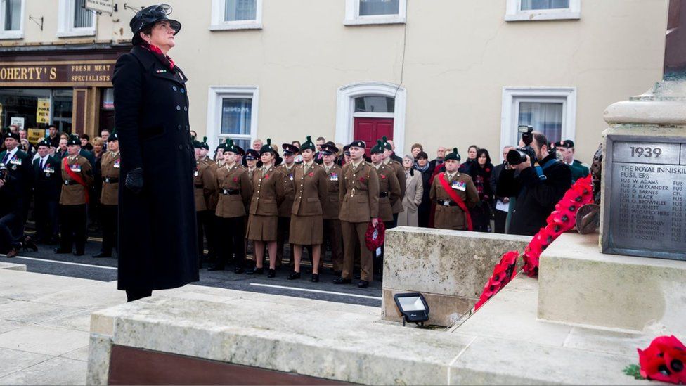 DUP leader Arlene Foster lays a wreath at the Enniskillen Cenotaph during Remembrance Sunday in Enniskillen, County Fermanagh, on the 100th anniversary of the signing of the Armistice which marked the end of World War One.
