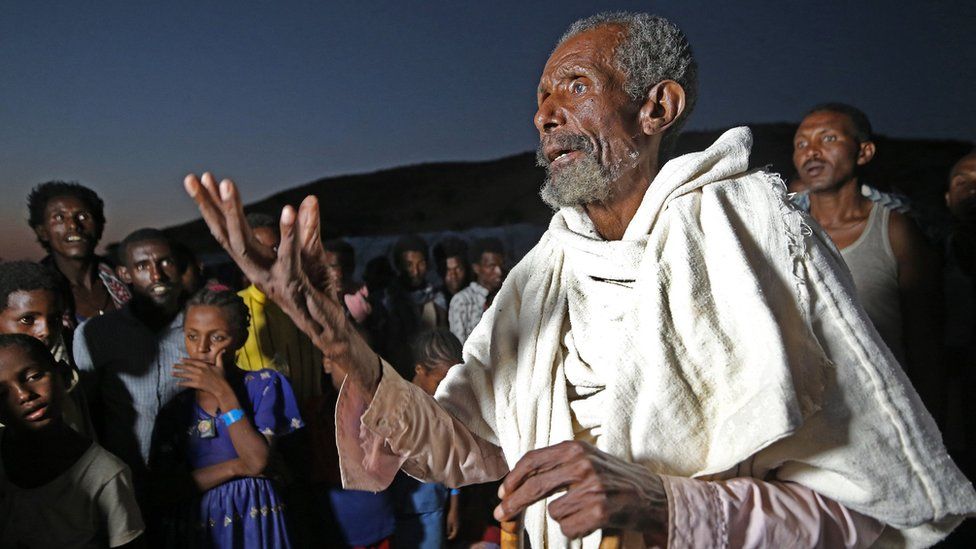 An elderly man in Sudan at a refugee camp for people displaced by the Tigray conflict