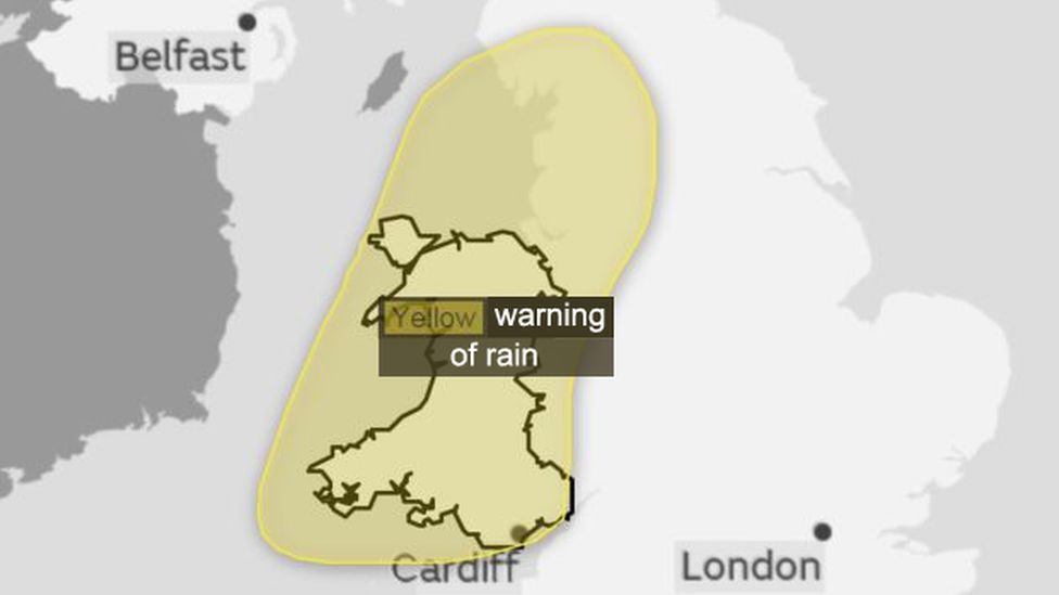 Map showing yellow weather warning area