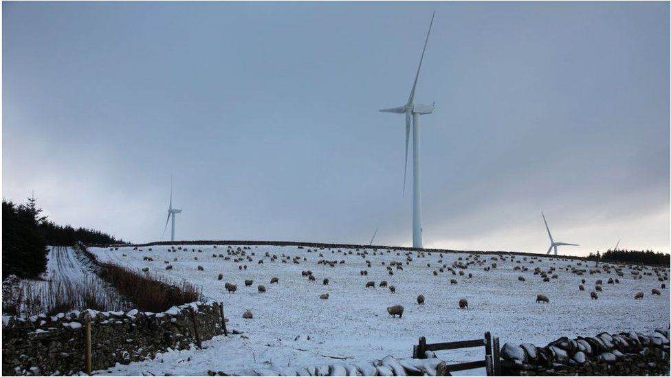 Wind turbines on a snowy Scottish hillside