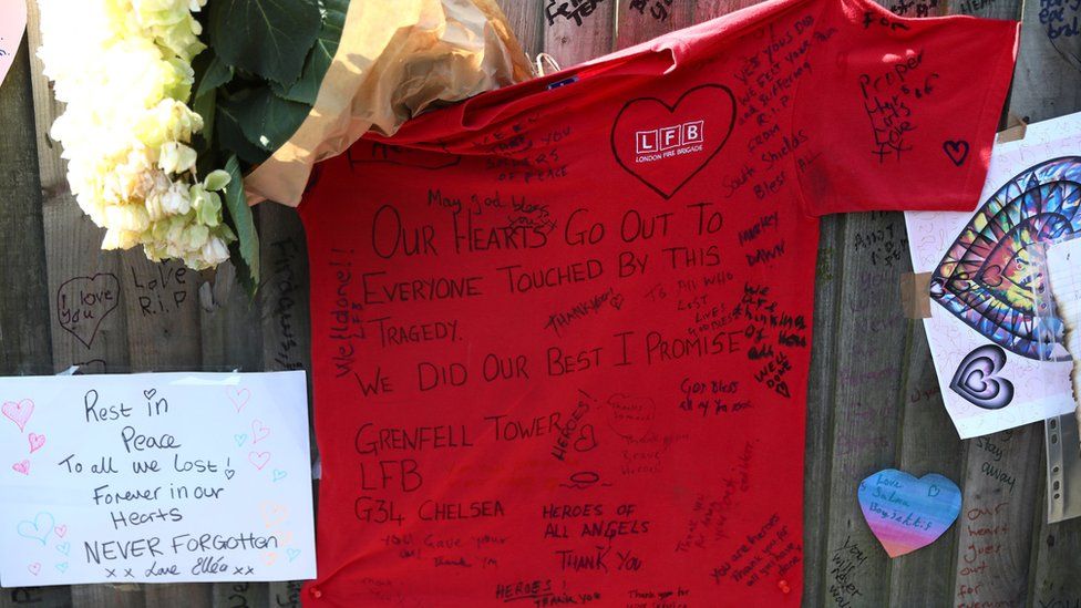 A London Fire Brigade T-shirt is covered in messages