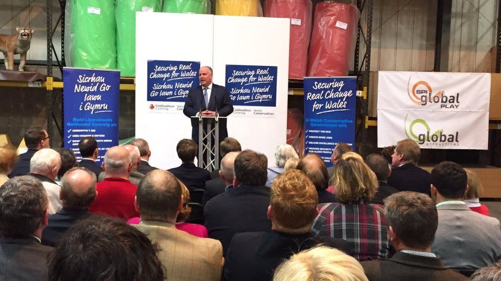 Welsh Conservative leader Andrew RT Davies launches the party's manifesto in Wrexham