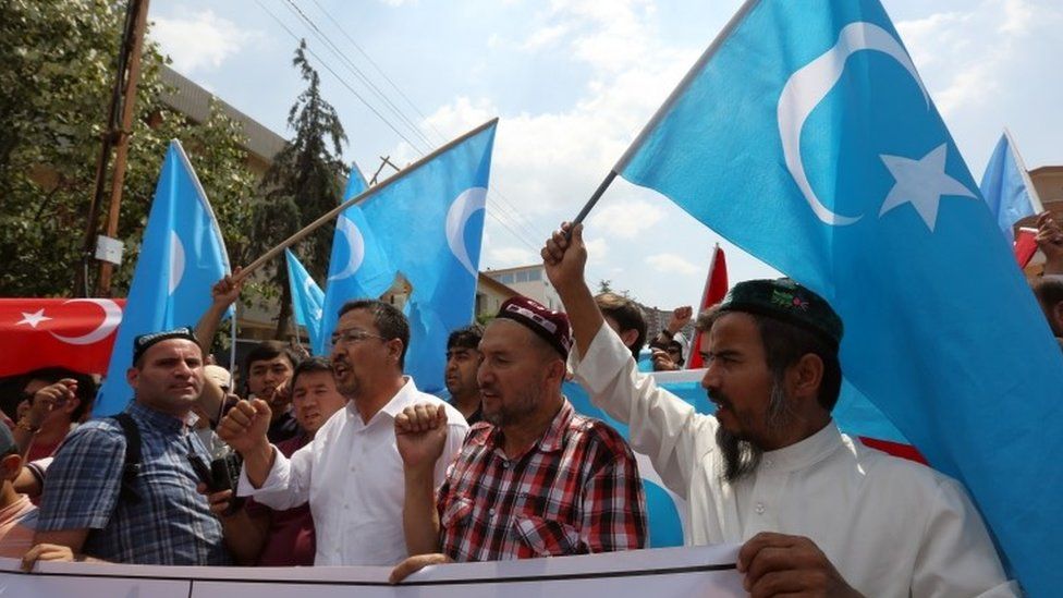 A group of Uighur protesters demonstrate outside the Thai embassy in Ankara