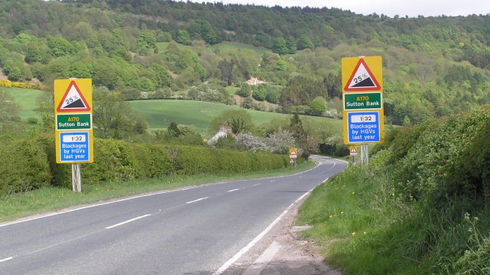 Warning signs on the A170 at Sutton Bank