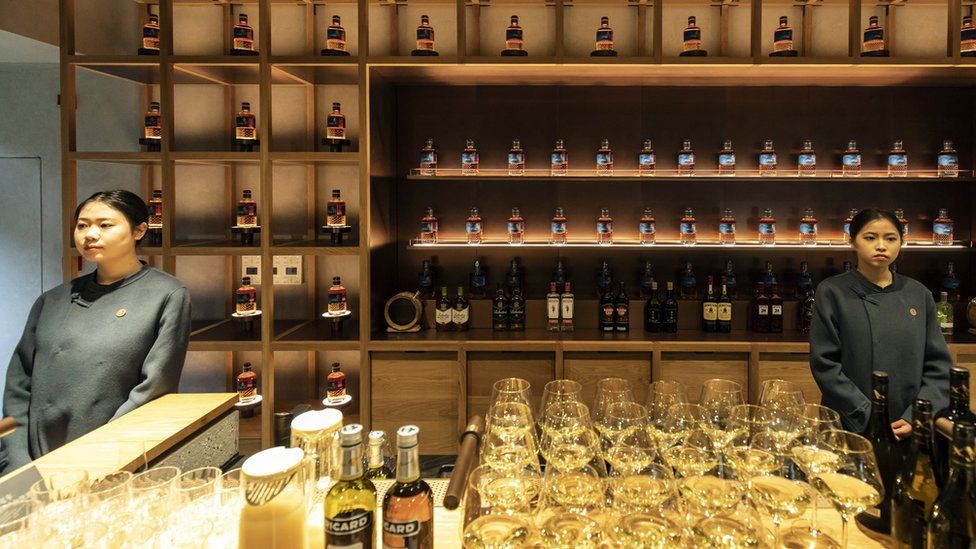 Bottles of whisky at a shop at the Pernod Ricard Chuan Malt Whisky Distillery in Emeishan, Sichuan Province, China.