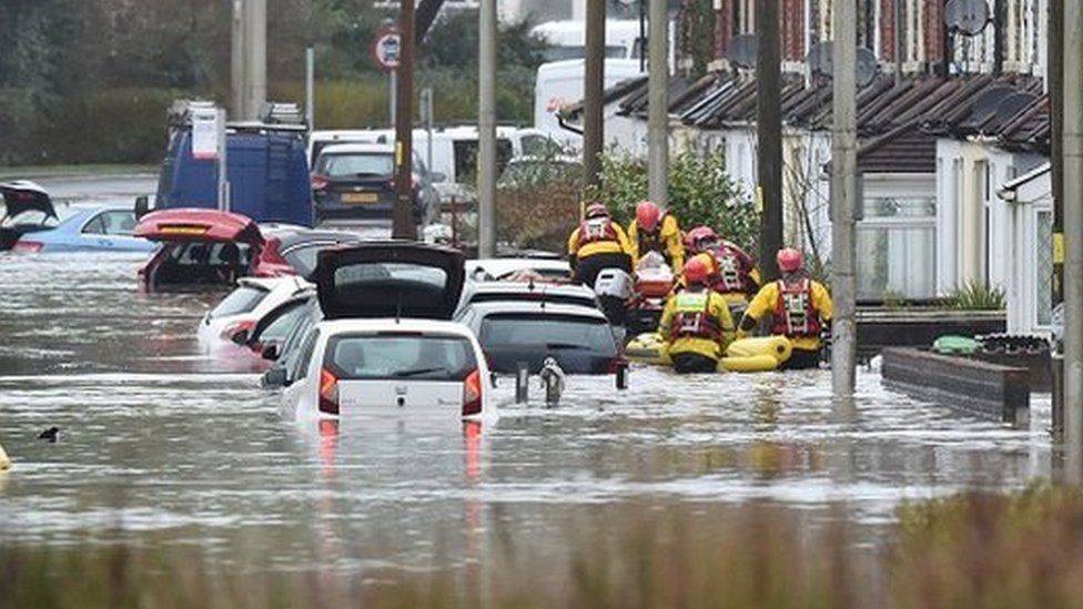 A flooded road in Nantgarw, Wales