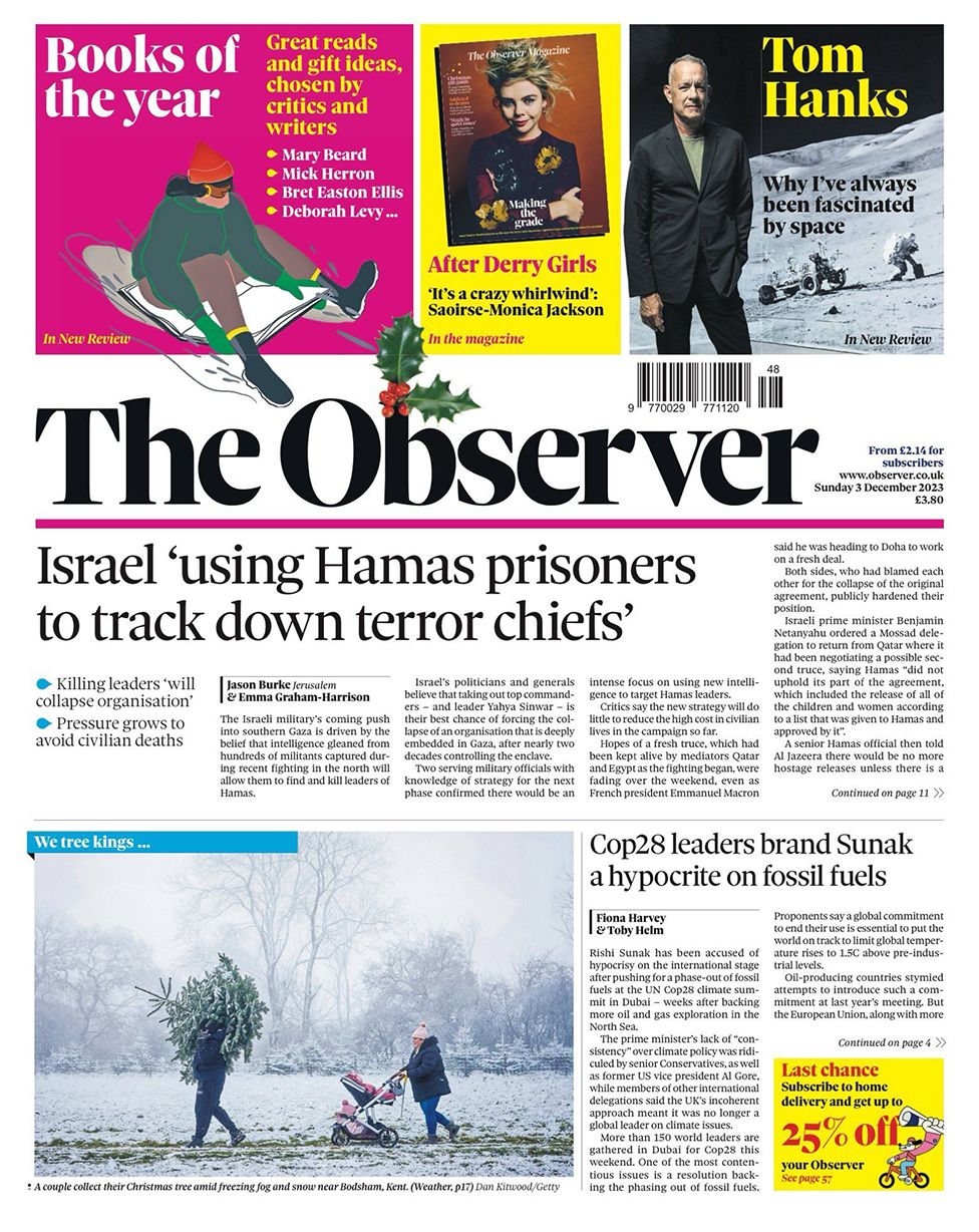 The main headline on the front page of the Observer reads: "Israel 'using Hamas prisoners to track down terror chiefs'"