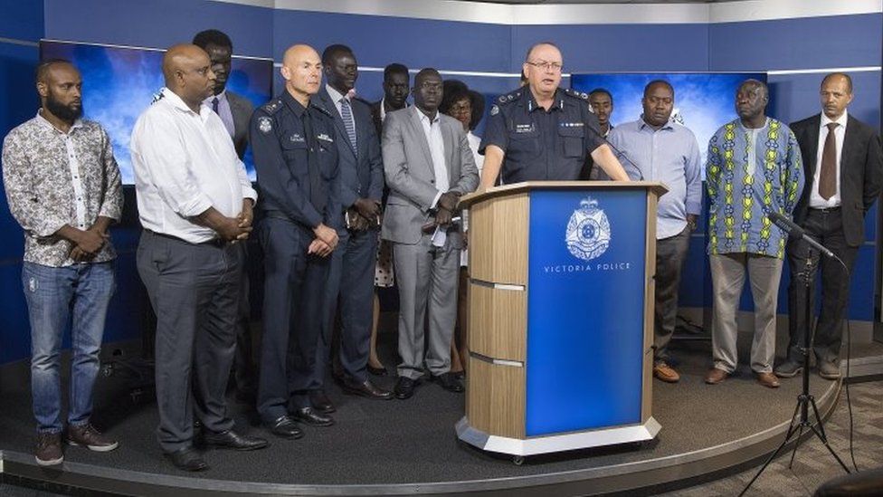 Victoria's police chiefs and African-Australian community leaders hold a press conference in Melbourne last week