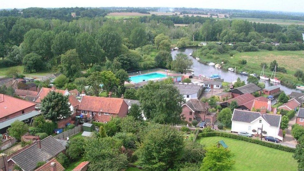 Beccles Lido and River Waveney photographed from the church tower