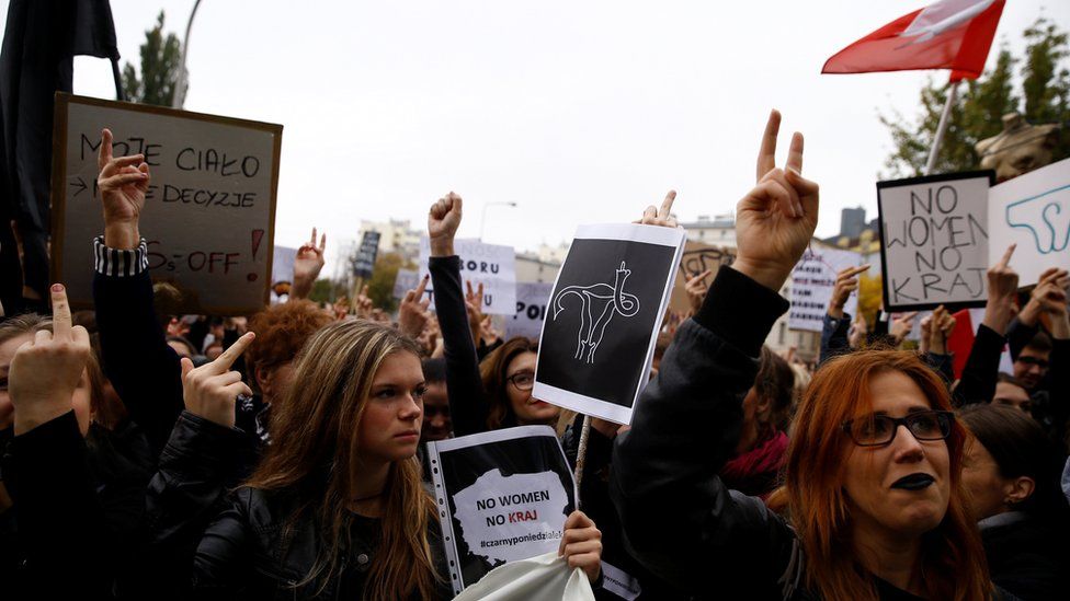 Women protest in Warsaw against the abortion bill