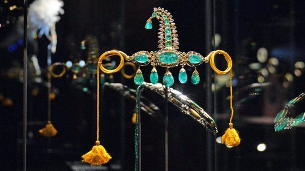 Jewels on display at the "Treasures of the Mughals and Maharajahs" Exhibition at Venice"s Doge"s Palace in Venice, Italy on 3 January 2018.