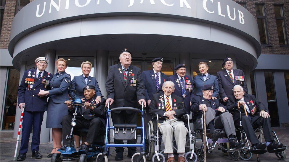 D-Day and Normandy veterans (left to right) Alec Penstone, 98, Gilbert Clarke, 98, Richard Aldred, 99, Henry Rice, 98, Donald Howkins, 103, Mervyn Kersh, 98, Stan Ford, 98, Ken Hay, 98, and John Dennett, 99, with the D-Day Darlings at the D-Day 80 launch event organised by the Spirit of Normandy Trust, in conjunction with the British Normandy Memorial, at the Union Jack Club in London.