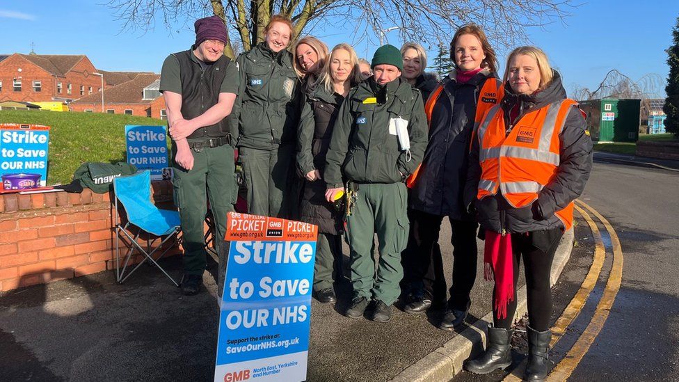 Ambulance crew on the picket line in Goole, East Yorkshire