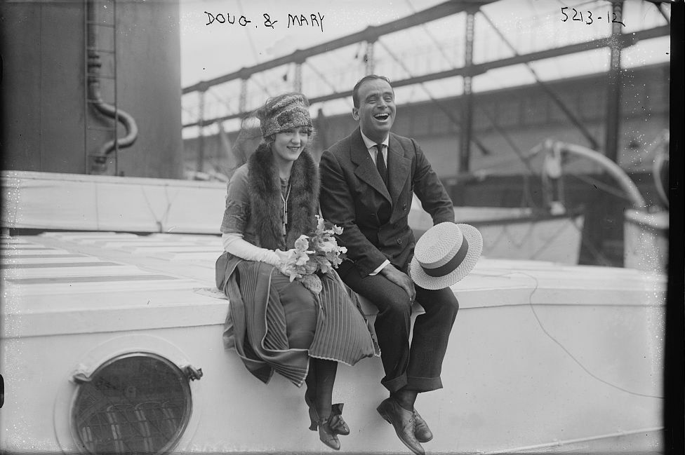 Fairbanks and Pickford on the Aquitania in 1920 on their honeymoon to Europe