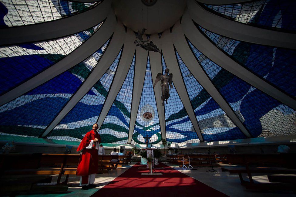 Inside view of Brasilia Cathedral before the start of the Palm Sunday mass