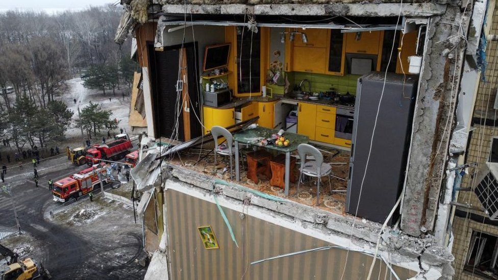 A kitchen inside an apartment block heavily damaged by a Russian missile strike, Dnipro, Ukraine