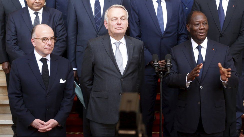 French Interior Minister Cazeneuve, French Foreign Minister Ayrault and Ivory Coast President Ouattara