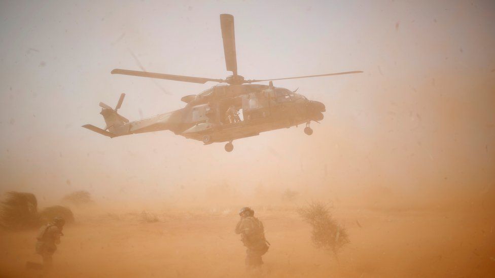 A NH 90 Caiman military helicopter takes-off during the regional anti-insurgent Operation Barkhane in Mali - October 2017