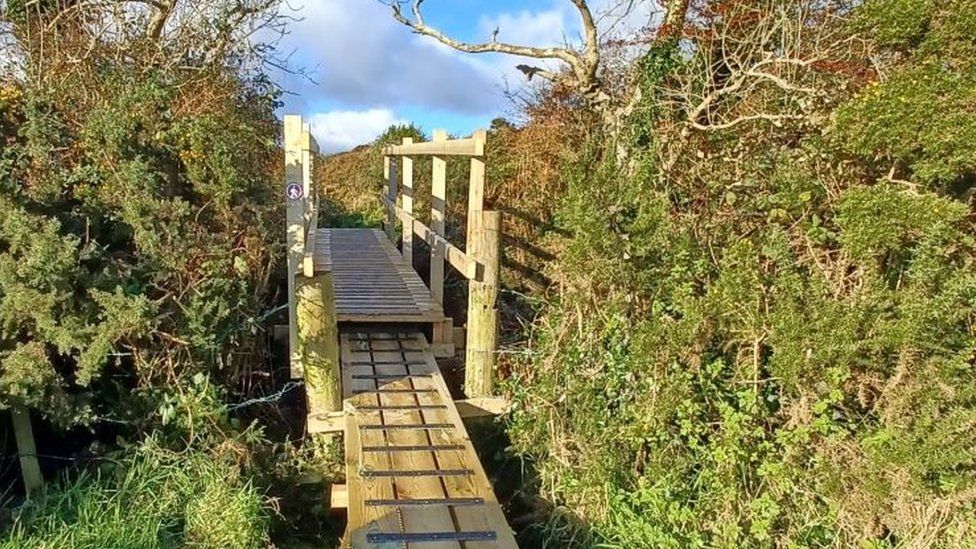 A new wooden footpath on the public footpath in the south of the Isle of Man