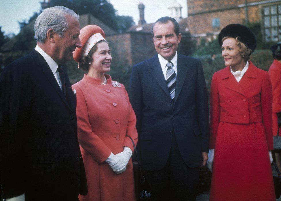 Queen Elizabeth II with British Prime Minister Edward Heath and US President Richard Nixon and his wife Pat at Chequers, Heath's official country residence, 1970