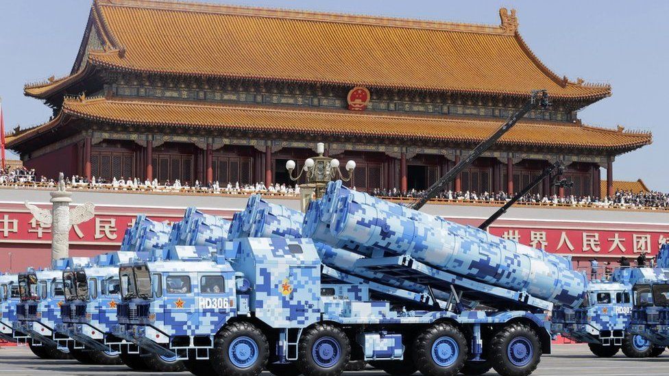 Military vehicles carrying shore-to-ship missiles drive past the Tiananmen Gate during a military parade to mark the 70th anniversary of the end of World War Two, in Beijing, China, 3 September 2015