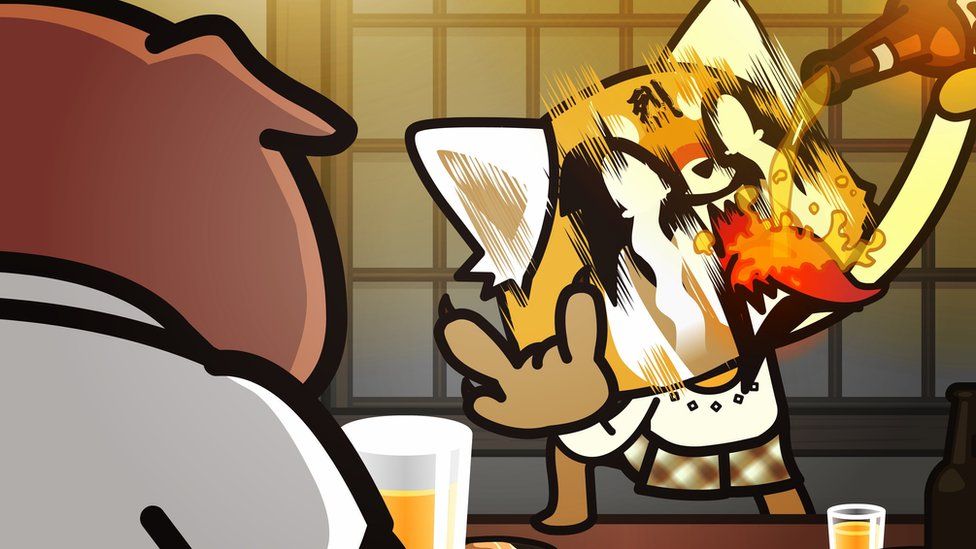 Aggretsuko downing a beer while gesturing angrily.
