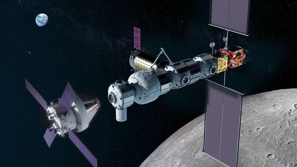 The Orion crew module docking with Gateway in lunar orbit