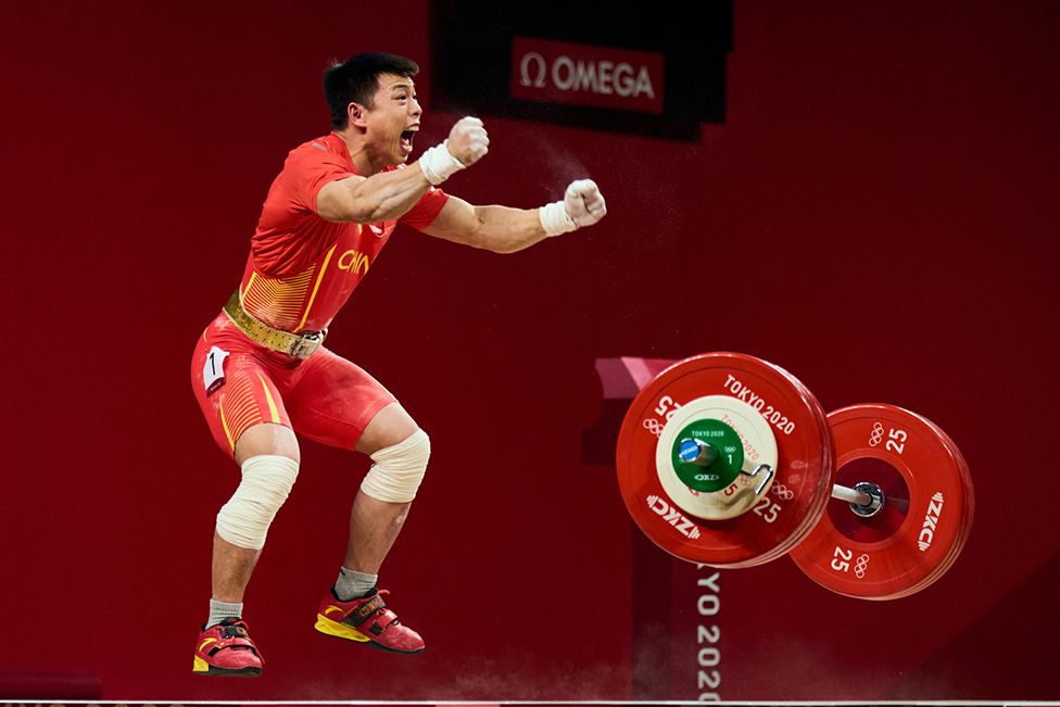 LJ Chen, celebrates his Gold win in Men's 67kg Weightlifting, Olympics 2020, Tokyo, Japan.