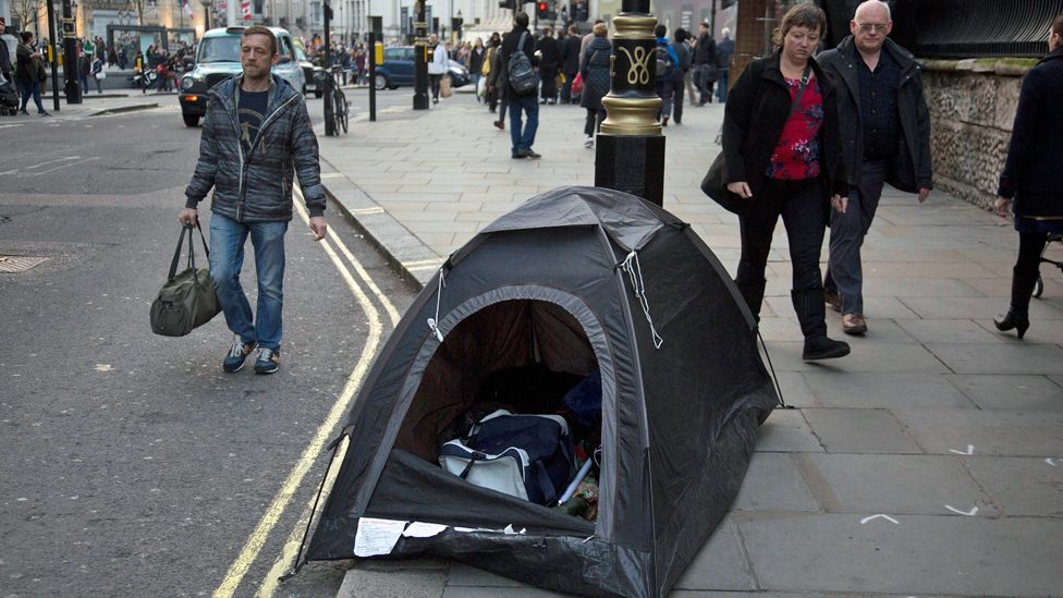 Homeless tent in middle of London city street