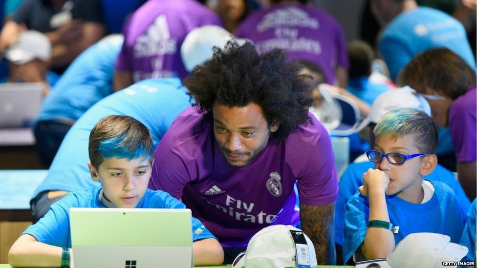 Real Madrid star Marcelo on a team visit to the Microsoft store in New York