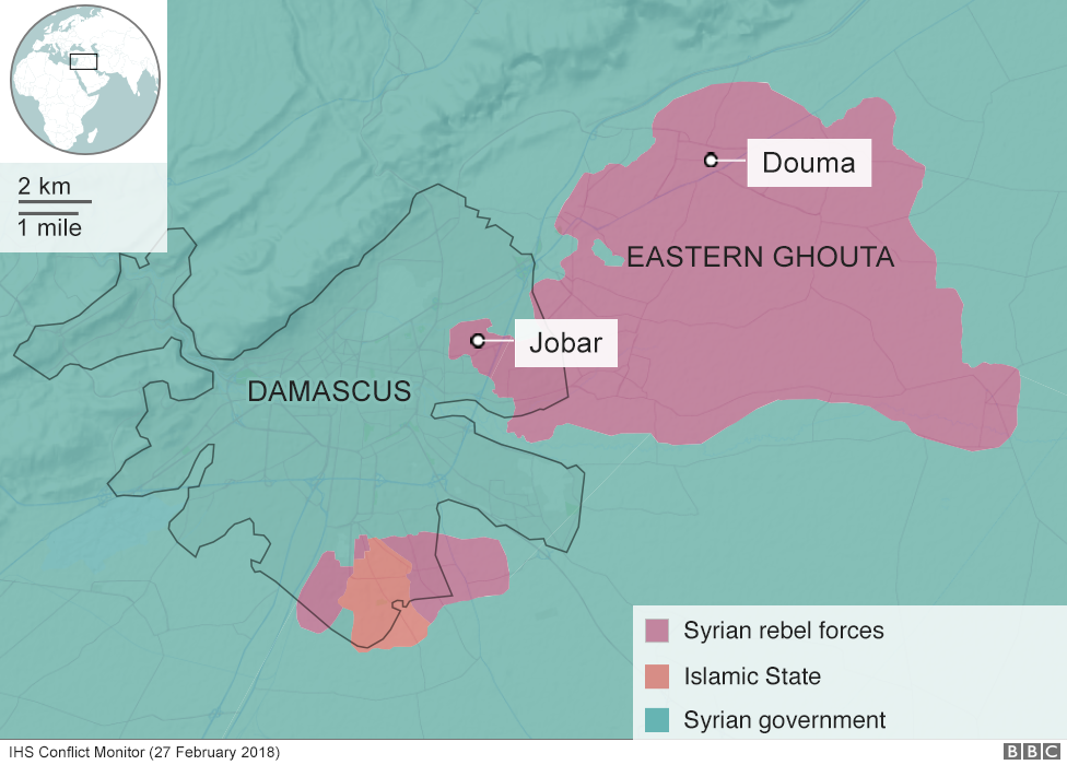 Map showing control areas around Damascus and Eastern Ghouta