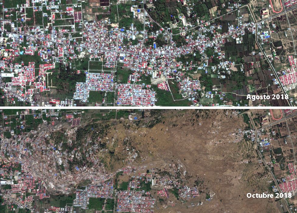 Imágenes que muestran el vecindario de Balaroa antes y después del tsunami