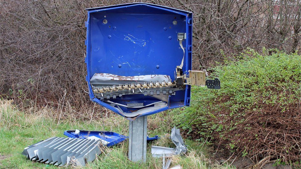 The remains of a condom dispenser after an explosion in Schoppingen, Germany