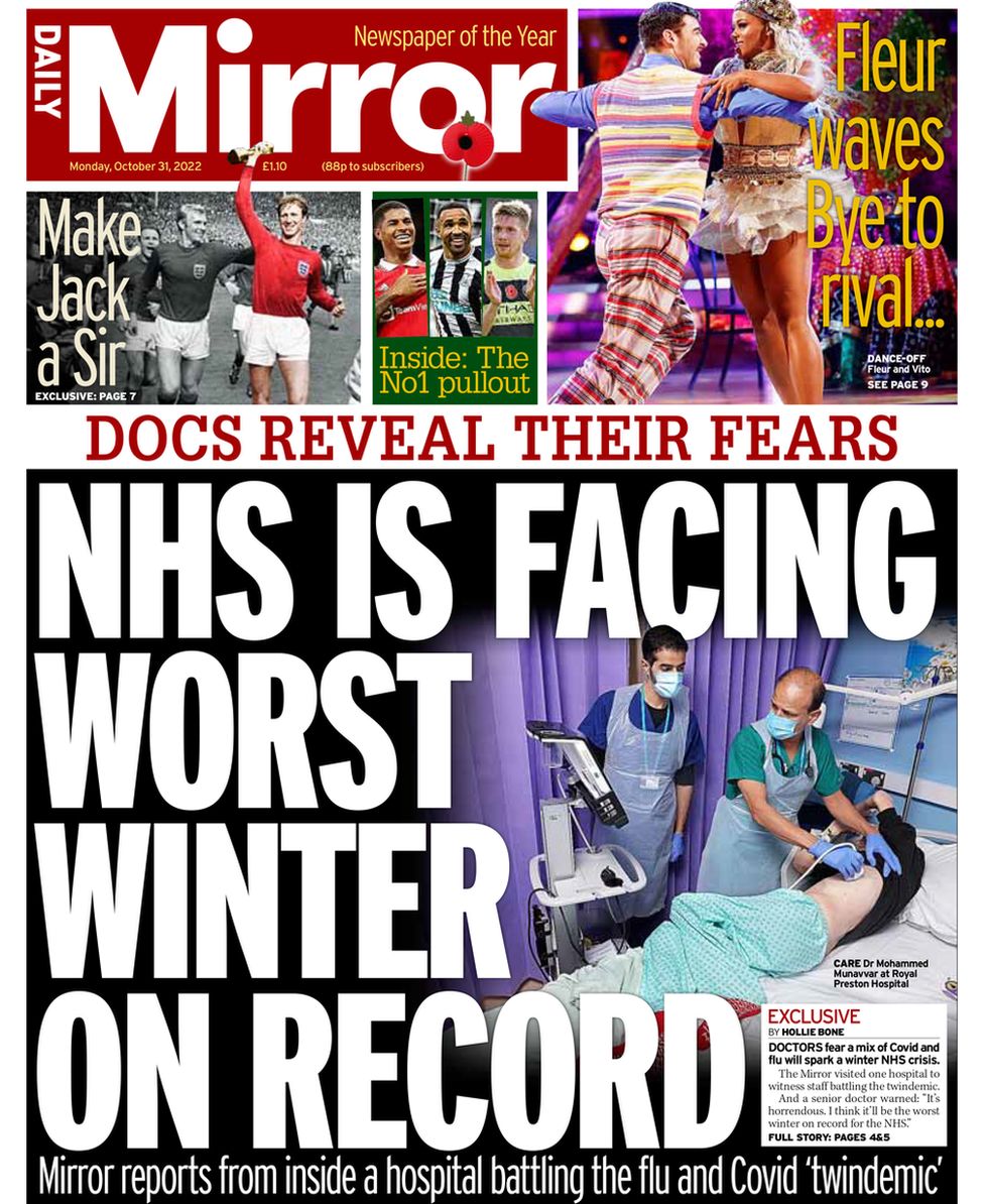 An image of a doctor examining a hospital patient is on the front page of the Mirror.