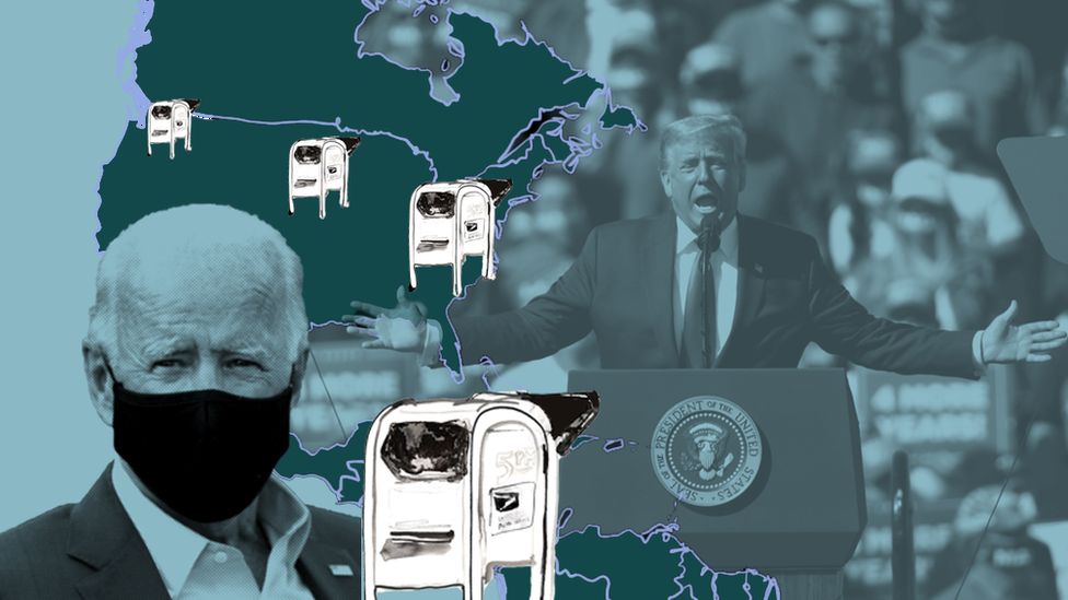 Illustration showing Donald Trump at a rally, Joe Biden wearing a mask, and post boxes, over a map of North America