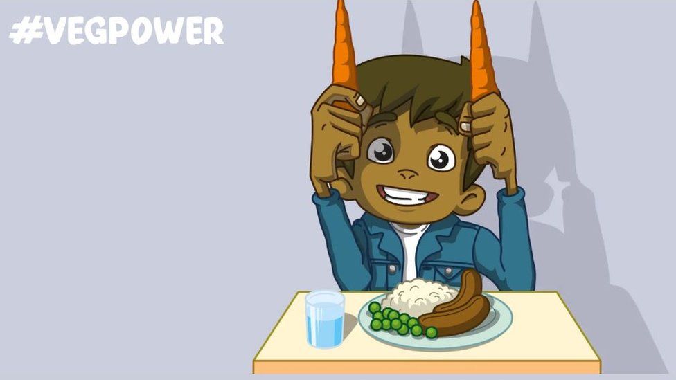 Ad of cartoon boy holding carrots to his head
