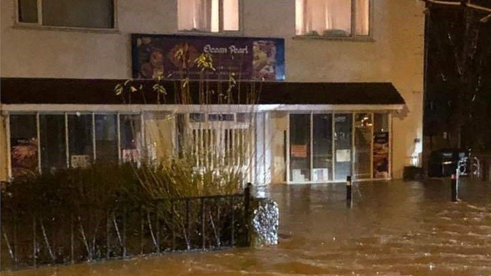 Flooding outside the Ocean Pearl restaurant, Ruthin