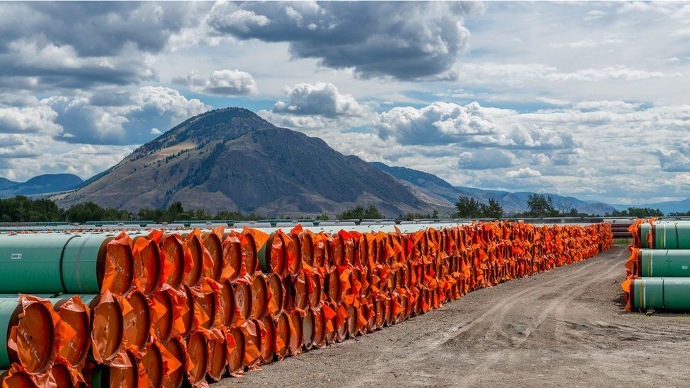 Stockpiled pipe to be used in the of the Canadian government's Trans Mountain Expansion Project