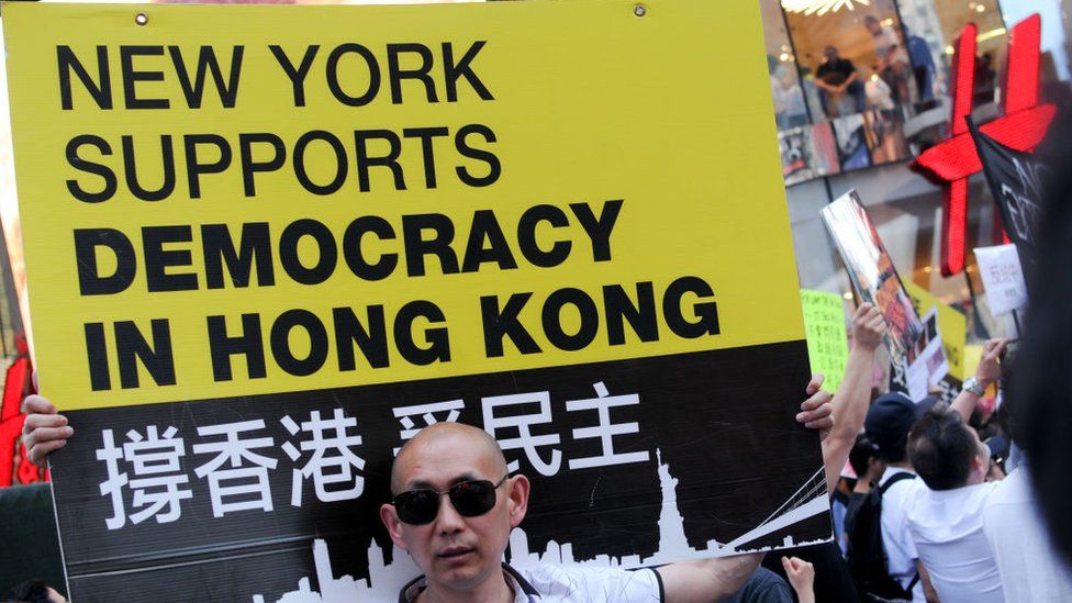 A protestor at an anti-extradition rally in New York