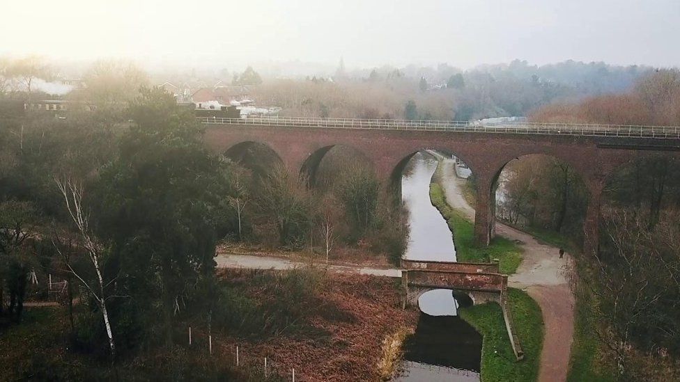 Falling Sands Viaduct carries locomotives over a river and canal