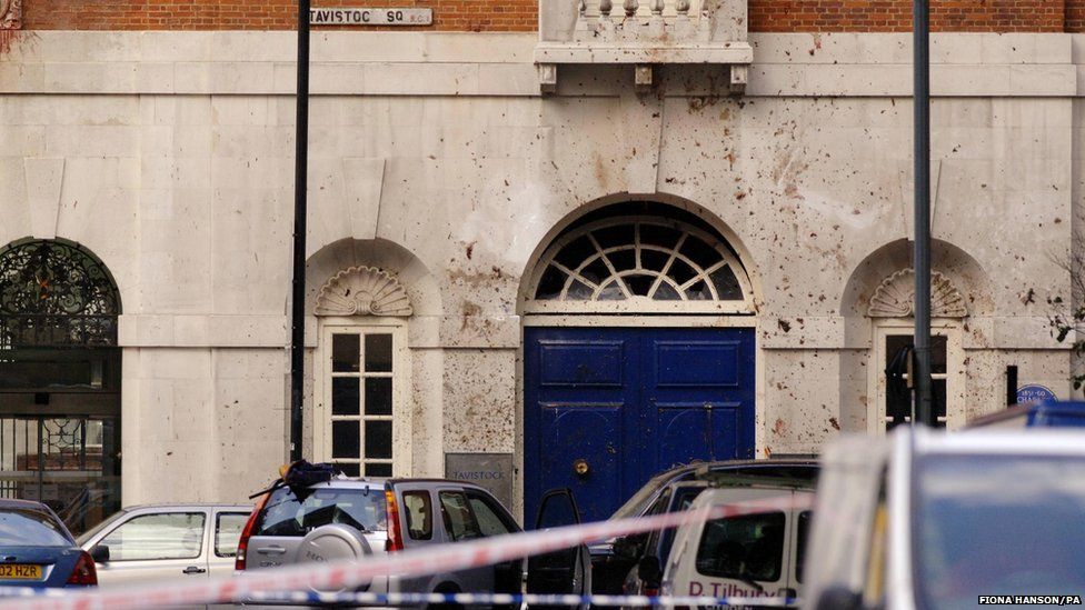 Blood and debris on the walls of the British Medical Association in Tavistock Square on 7 July 1995