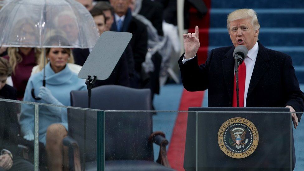 President Donald Trump delivers his inaugural address on the West Front of the U.S. Capitol on January 20, 2017.