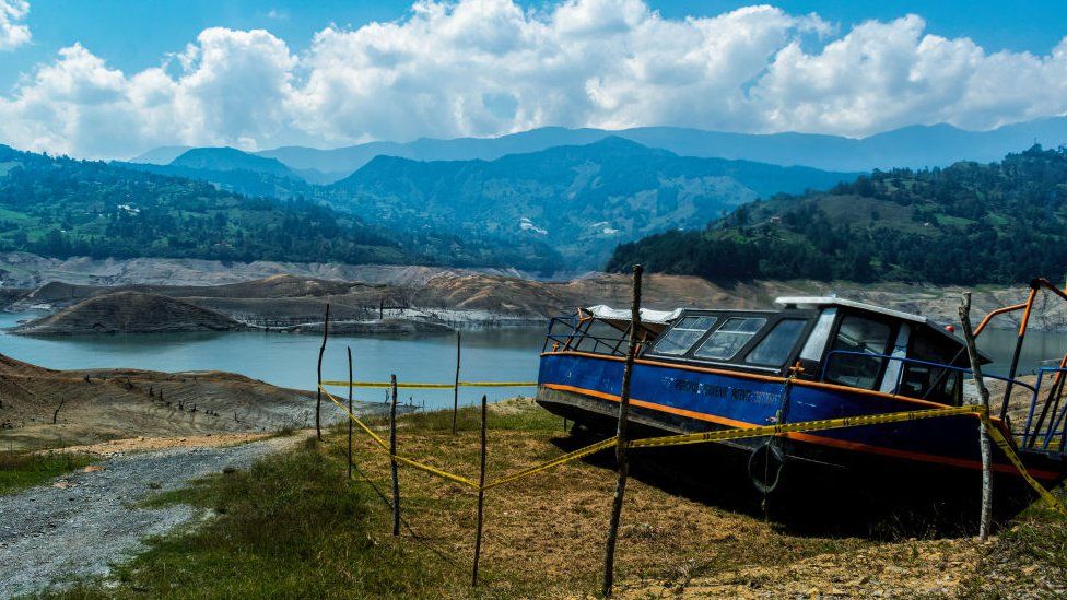 View showing the low water level of the Guavio reservoir that feeds the Guavio Hydroelectric Power Plant in Gachala, Cundinamarca Department, Colombia, on April 16, 2024.