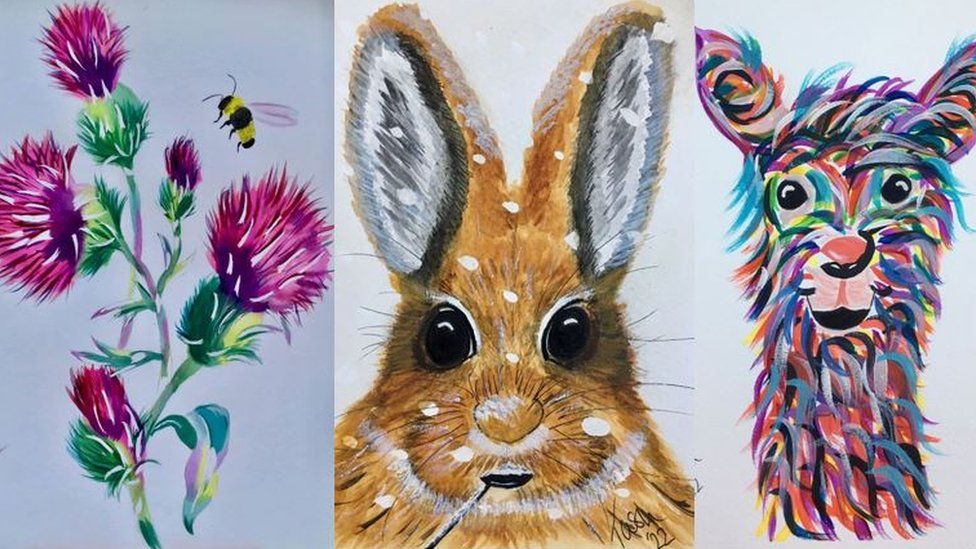 Flower painting, bunny painting and Llama painting