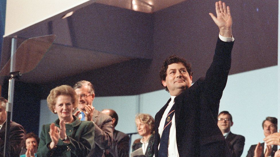 Chancellor Nigel Lawson being applauded by Prime Minister Margaret Thatcher at the October 1989 Conservative Party Conference