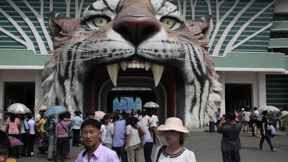 North Koreans wait at the gate of the newly opened Pyongyang Central Zoo in Pyongyang, North Korea, Tuesday, Aug. 23, 2016.