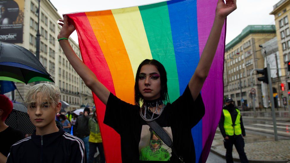 An LGBT protester in Warsaw